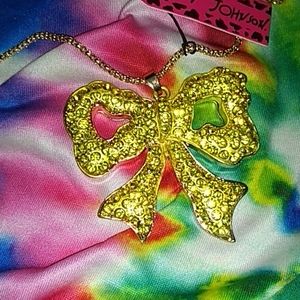 Yellow Crystal Ribbon Bow Pendant Necklace